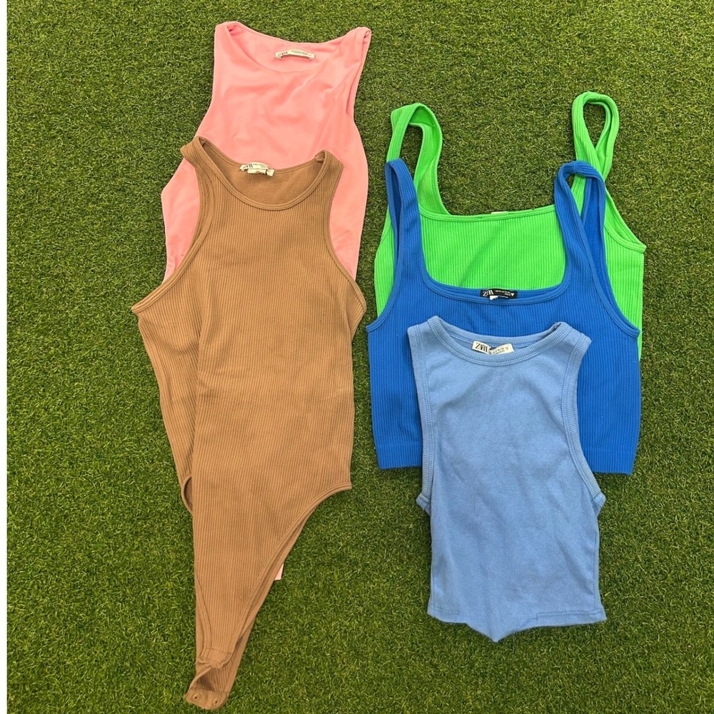Zara Ribbed Tank Top and Bodysuit Bundle Small Medium Blue Green Brown Pink 5pc